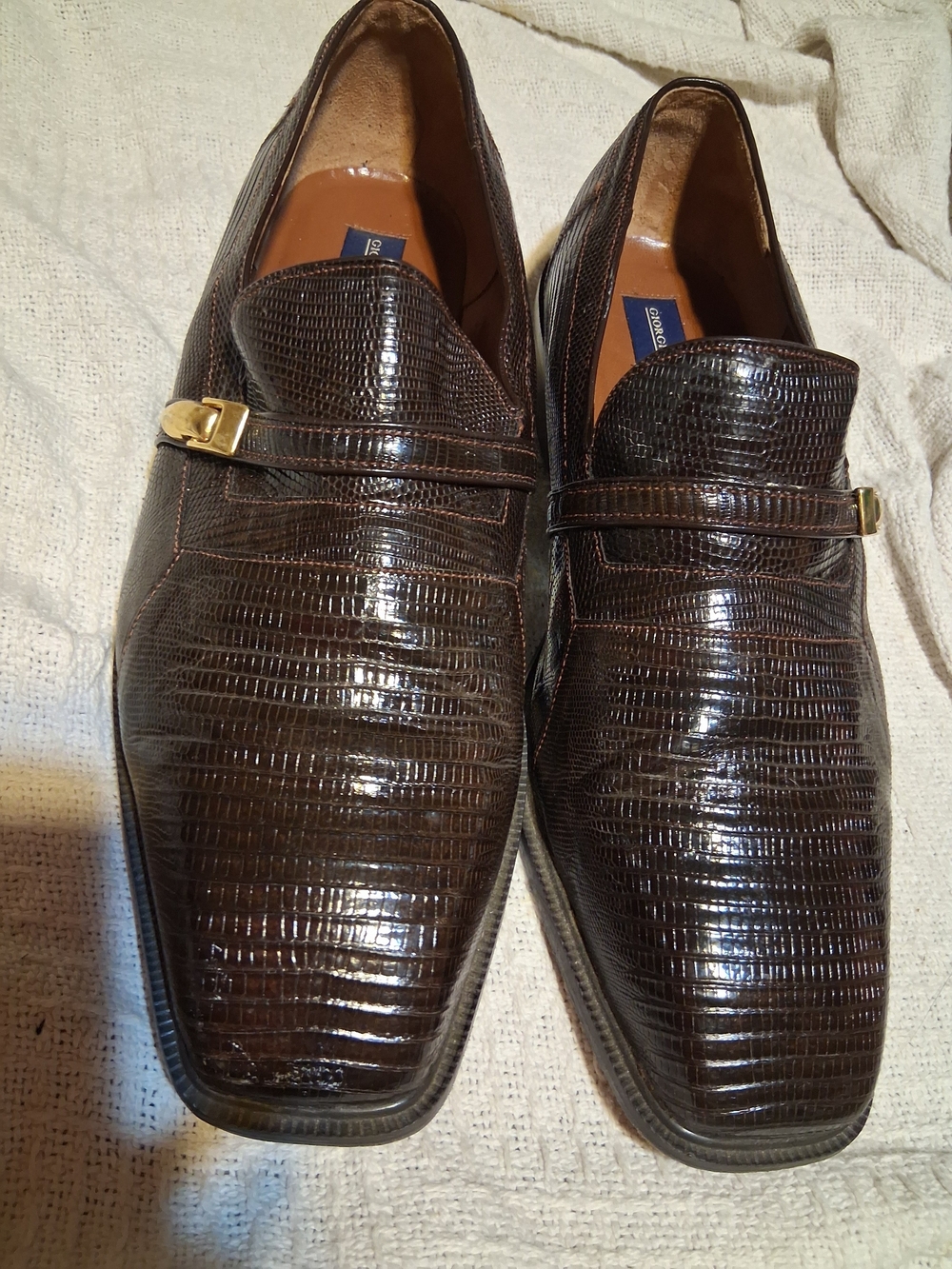 Giorgio Brutini Brown Lizard Shoes 933342 13M Gold Buckle Strap Dress Loafers